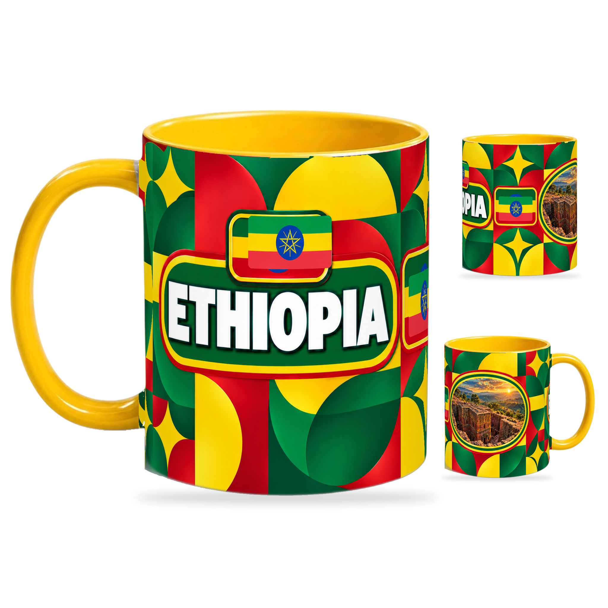 Ethiopia Mug Yellow – 320ml with yellow handle, showing the country-name side plus companion centered-flag and landmark views of the glossy full-wrap design by Fann Bliss.