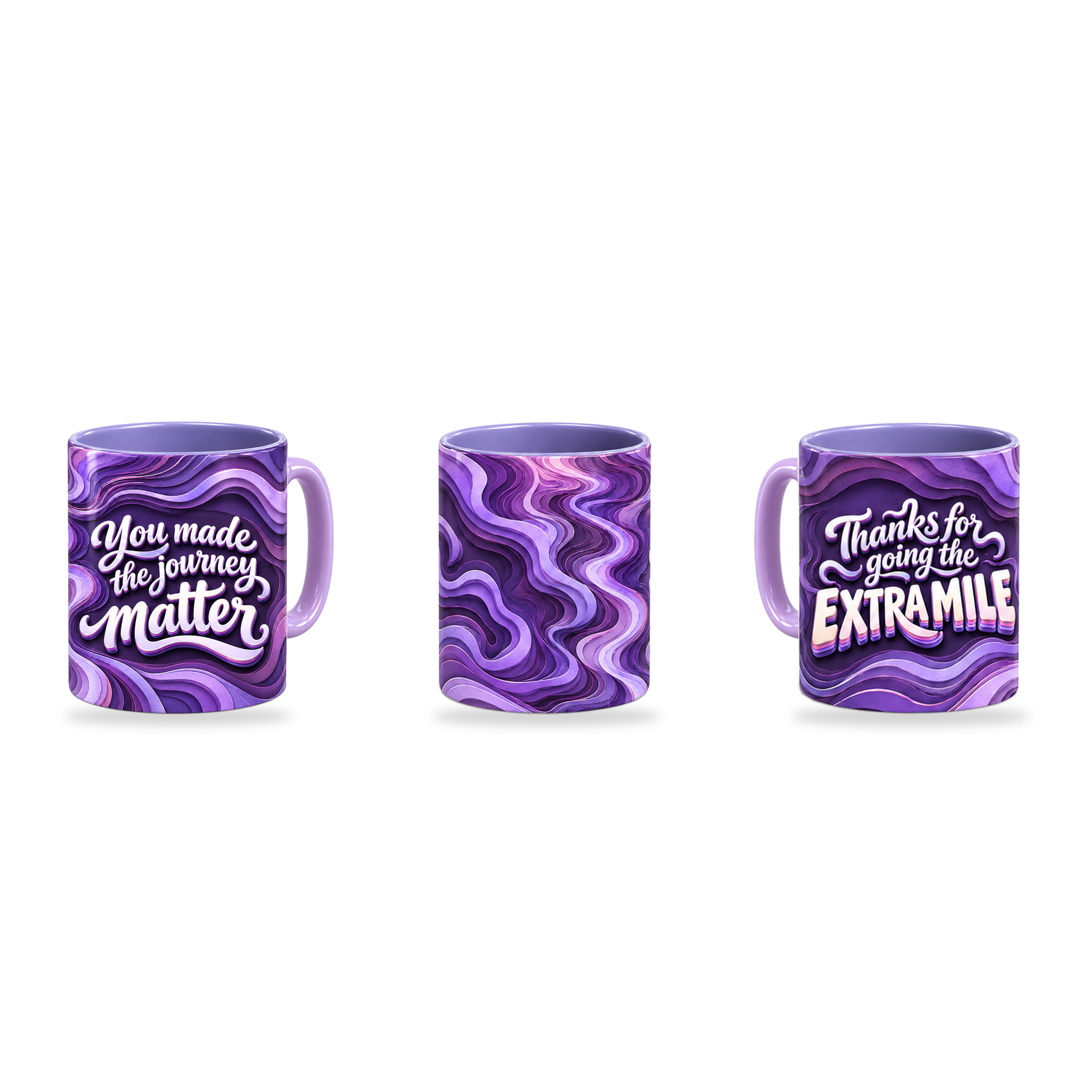 Extra Mile Mug – 320ml, Light Purple ceramic mug, three-angle overview of the Teacher’s Day artwork