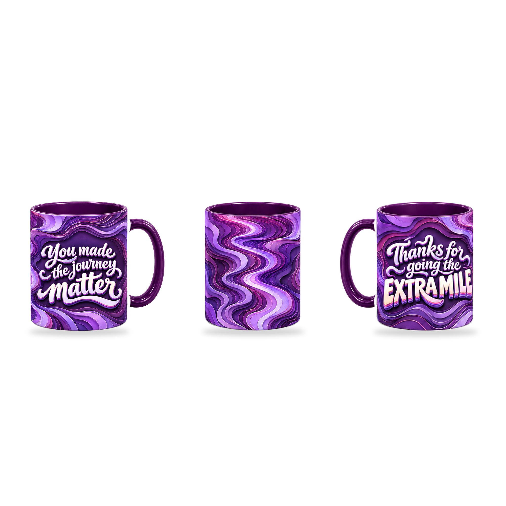 Extra Mile Mug – 320ml, Purple ceramic mug, three-angle overview of the Teacher’s Day artwork