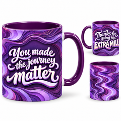 Extra Mile Mug – 320ml, purple ceramic mug, views of the full-wrap Teacher’s Day design