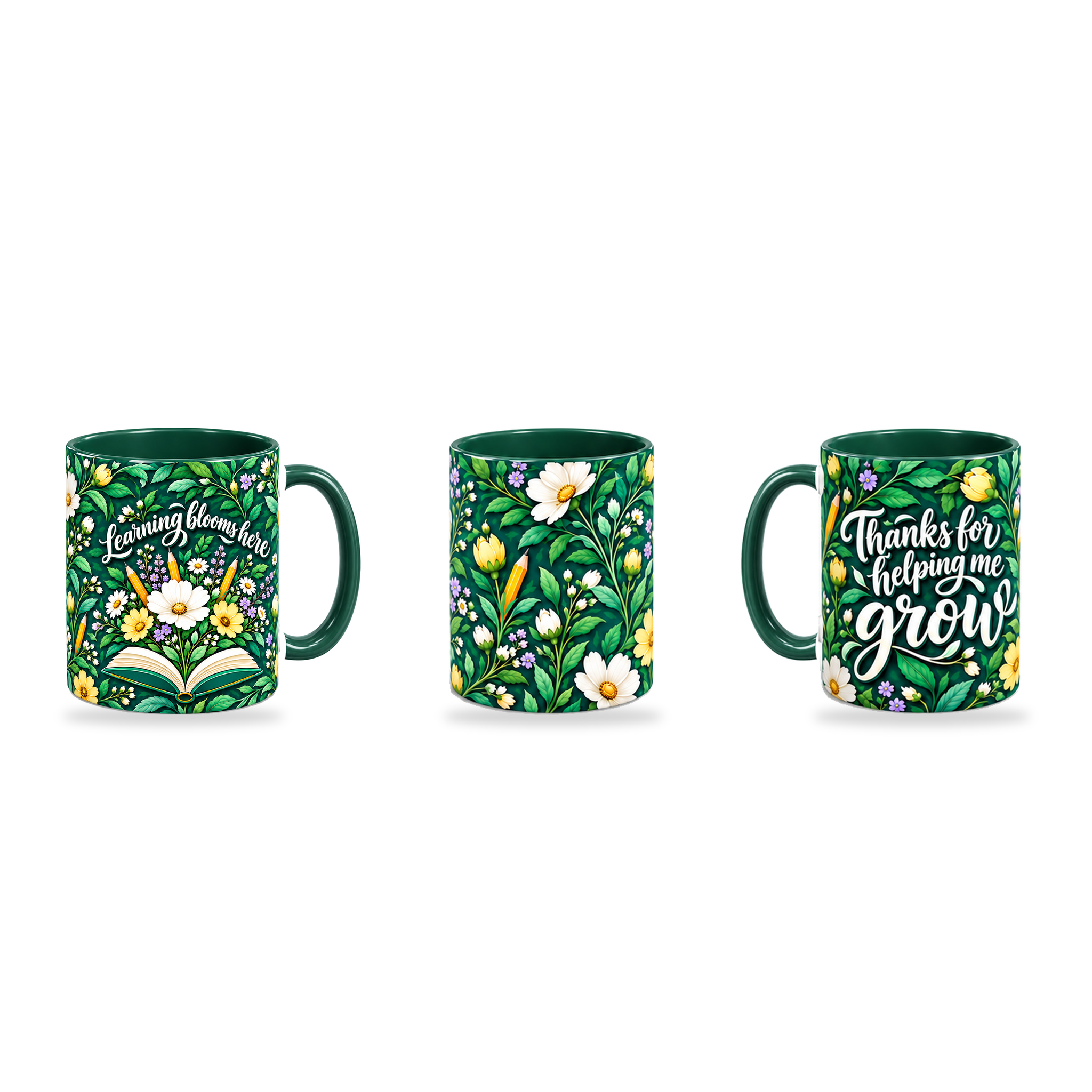 Garden Growth Mug – 320ml, Dark Green ceramic mug, three-angle overview of the Teacher’s Day artwork
