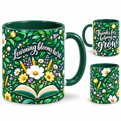 Garden Growth Mug – 320ml, dark green ceramic mug, views of the full-wrap Teacher’s Day design