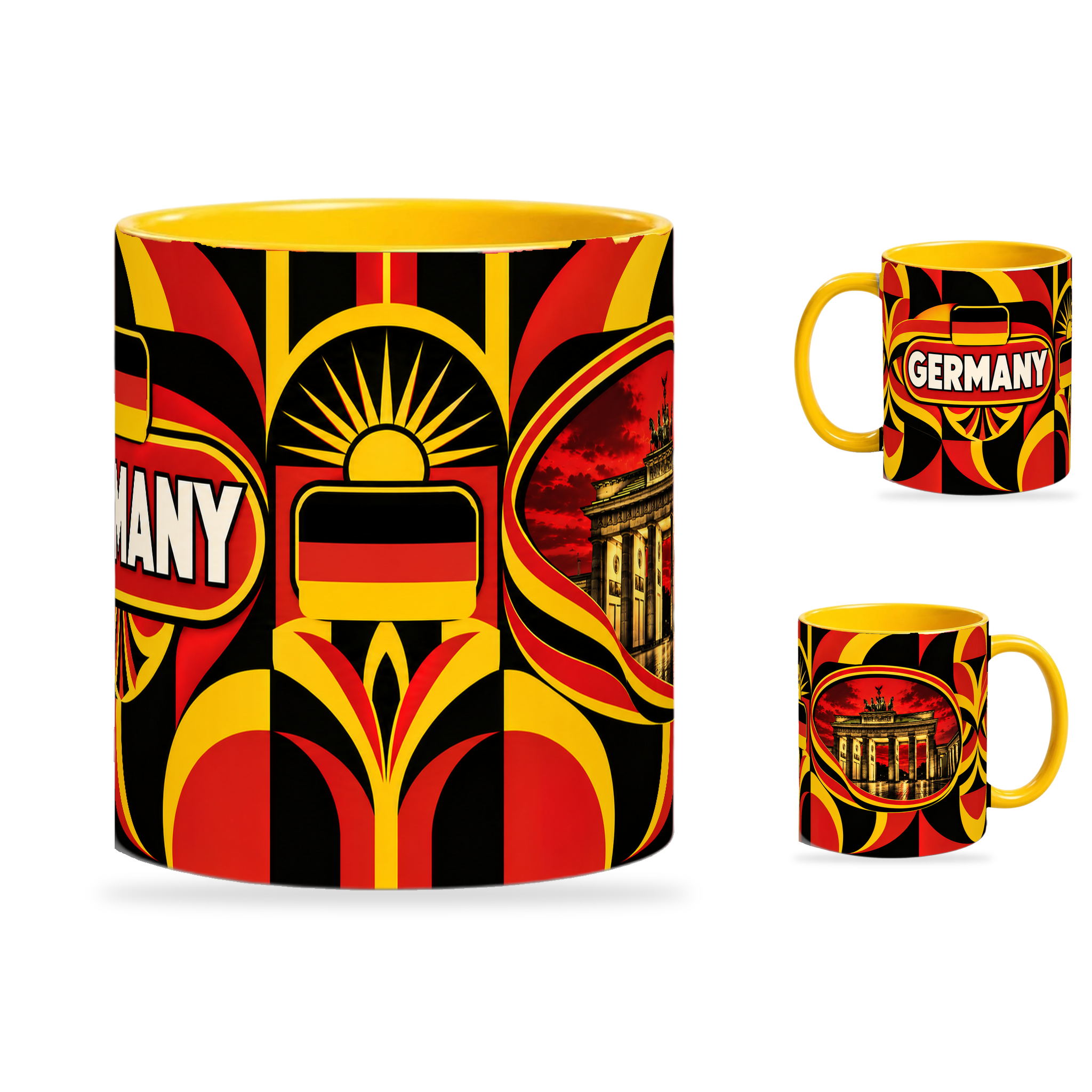 Germany Mug – 320ml with yellow handle, showing the centered flag view plus companion country-name and landmark views of the glossy full-wrap design by Fann Bliss.
