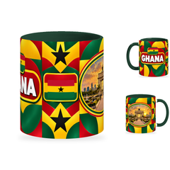 Ghana Mug – 320ml with dark green handle, showing the centered flag view plus companion country-name and landmark views of the glossy full-wrap design by Fann Bliss.