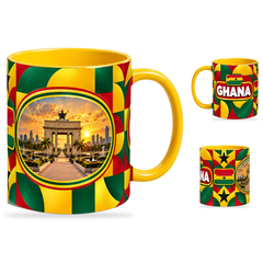 Ghana Mug Yellow – 320ml with yellow handle, showing the landmark side plus companion country-name and centered-flag views of the glossy full-wrap design by Fann Bliss.