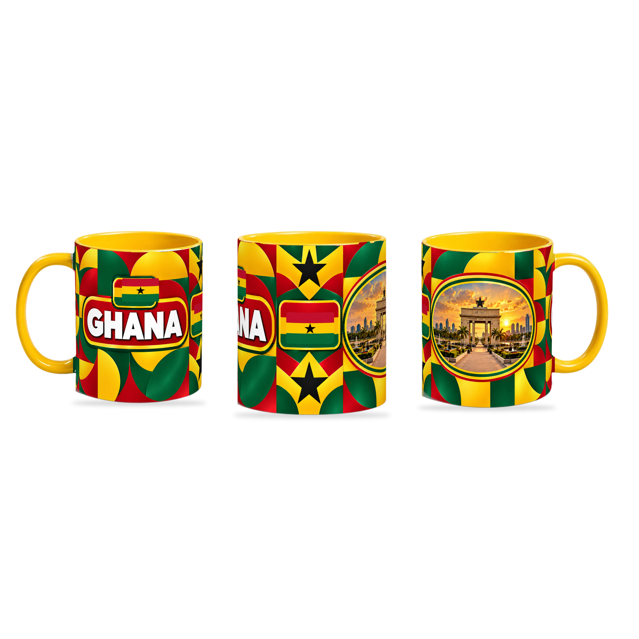 Ghana Mug Yellow – 320ml with yellow handle, shown in three matching angles of the glossy full-wrap design by Fann Bliss.