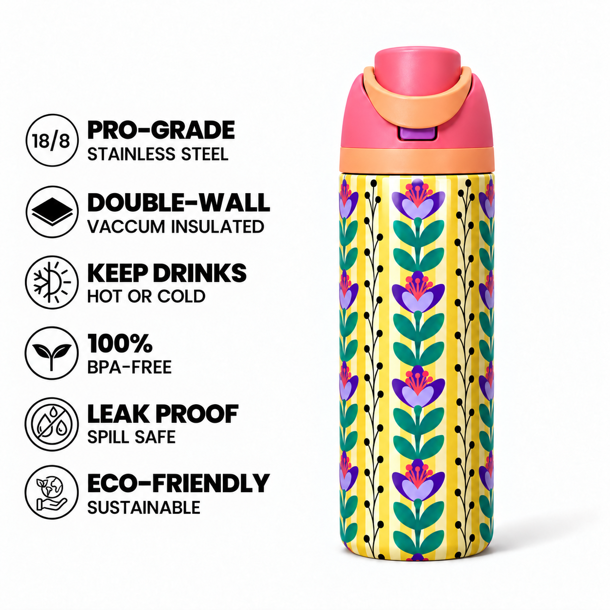 Golden Violet Free Sip Bottle 720ML with Pink-Orange lid - insulated stainless steel features