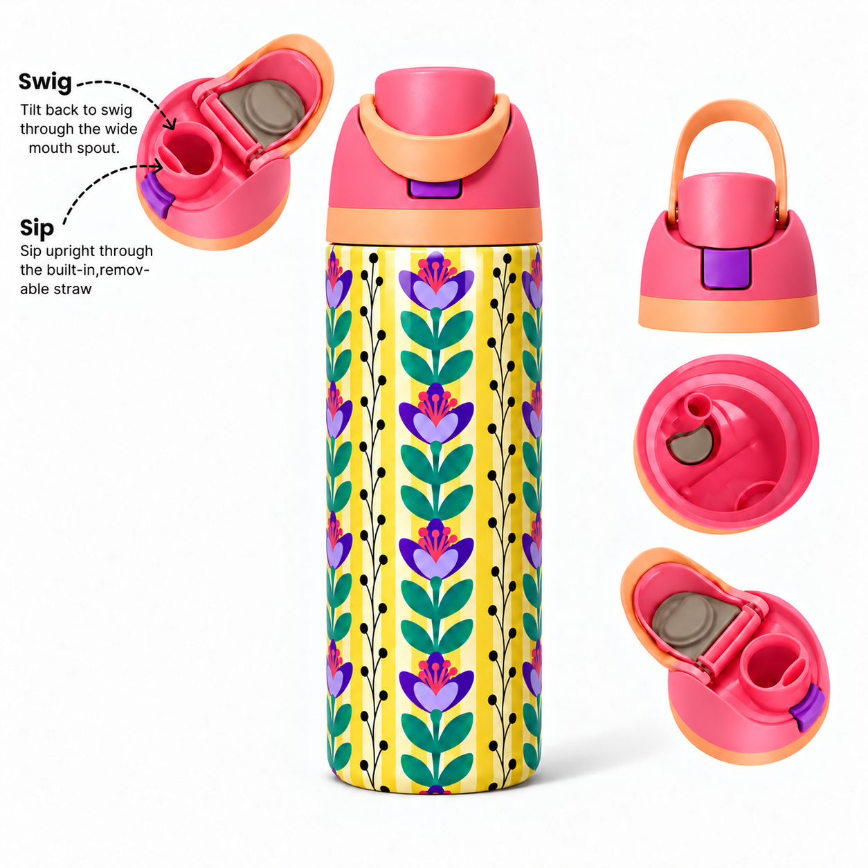 Golden Violet Free Sip Bottle 720ML with Pink-Orange lid - sip and swig lid details