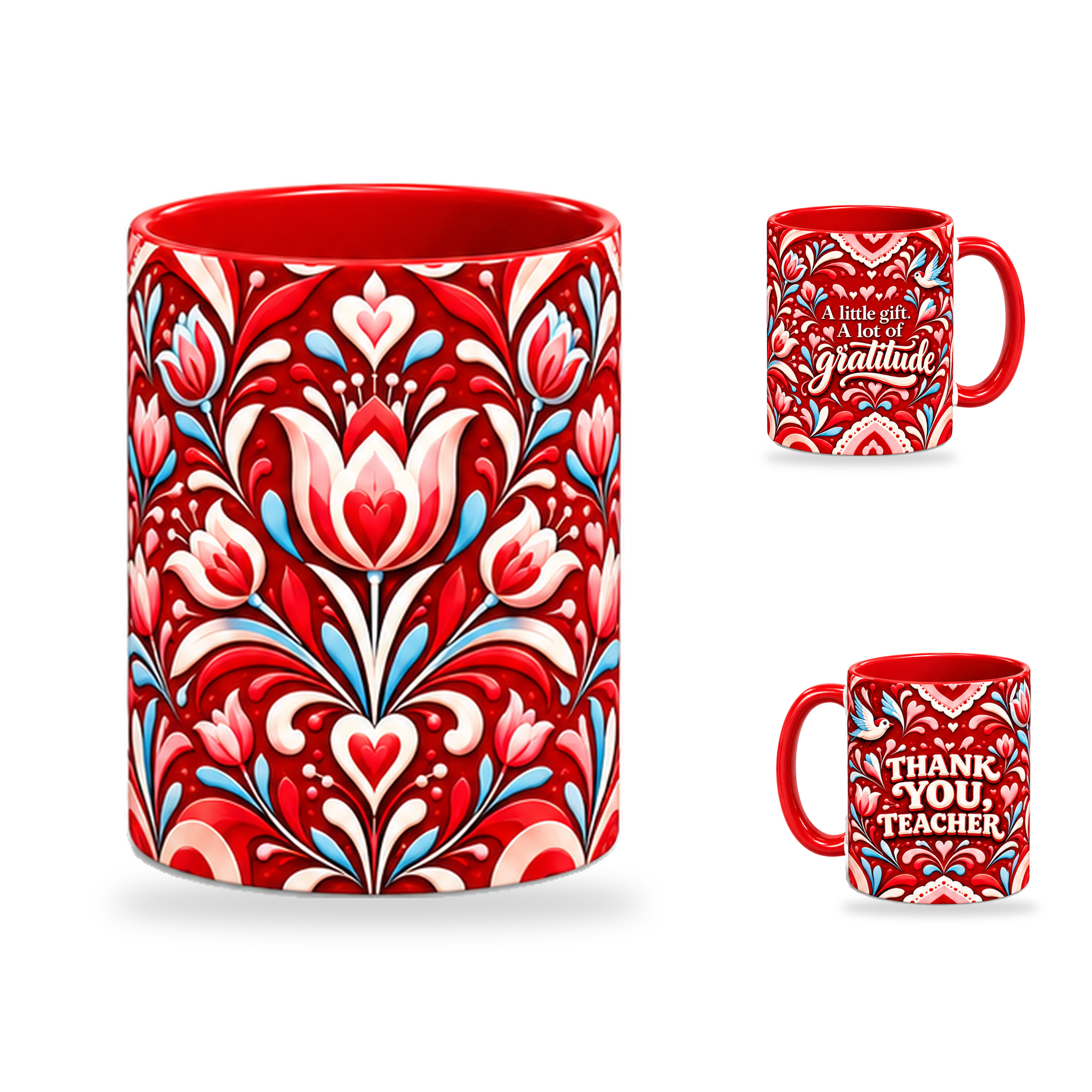 Grateful Hearts Mug – 320ml, Red ceramic mug, centre-pattern of the Teacher’s Day artwork