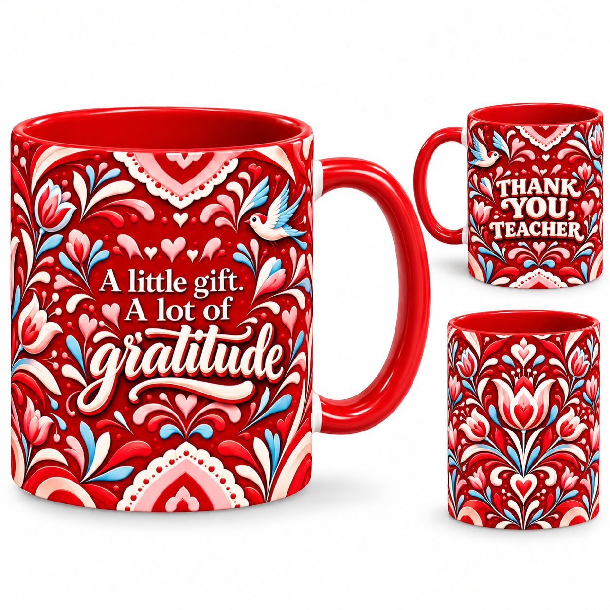 Grateful Hearts Mug – 320ml, red ceramic mug, views of the full-wrap Teacher’s Day design