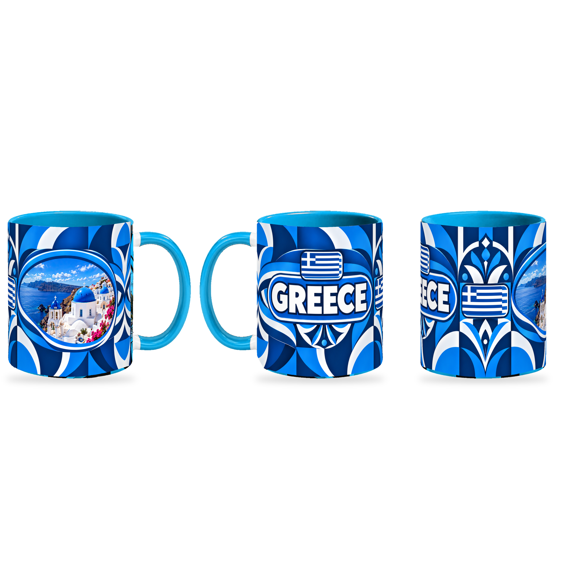Greece Mug – 320ml — three matching angles together on white with a soft shadow