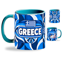 Greece Mug Teal – 320ml with teal handle, showing the country-name side plus companion centered-flag and landmark views of the glossy full-wrap design by Fann Bliss.