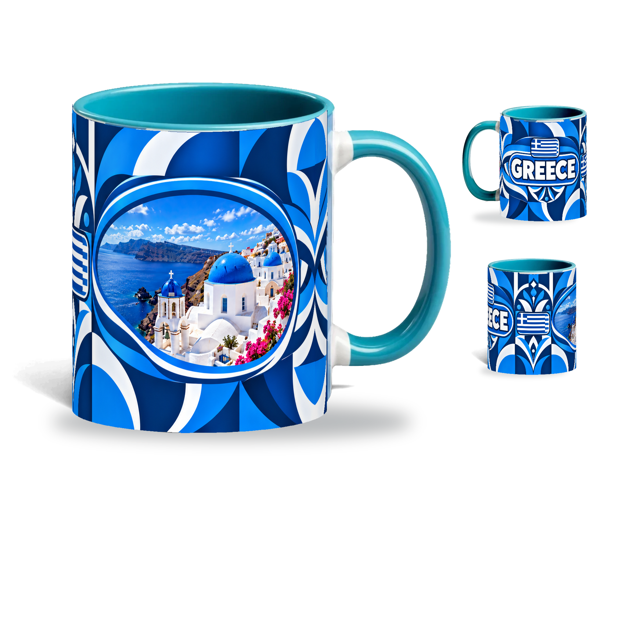 Greece Mug Teal – 320ml with teal handle, showing the landmark side plus companion country-name and centered-flag views of the glossy full-wrap design by Fann Bliss.