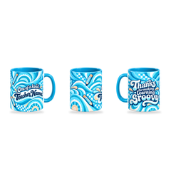 Groovy Teacher Mug – 320ml, Light Blue ceramic mug, three-angle overview of the Teacher’s Day artwork