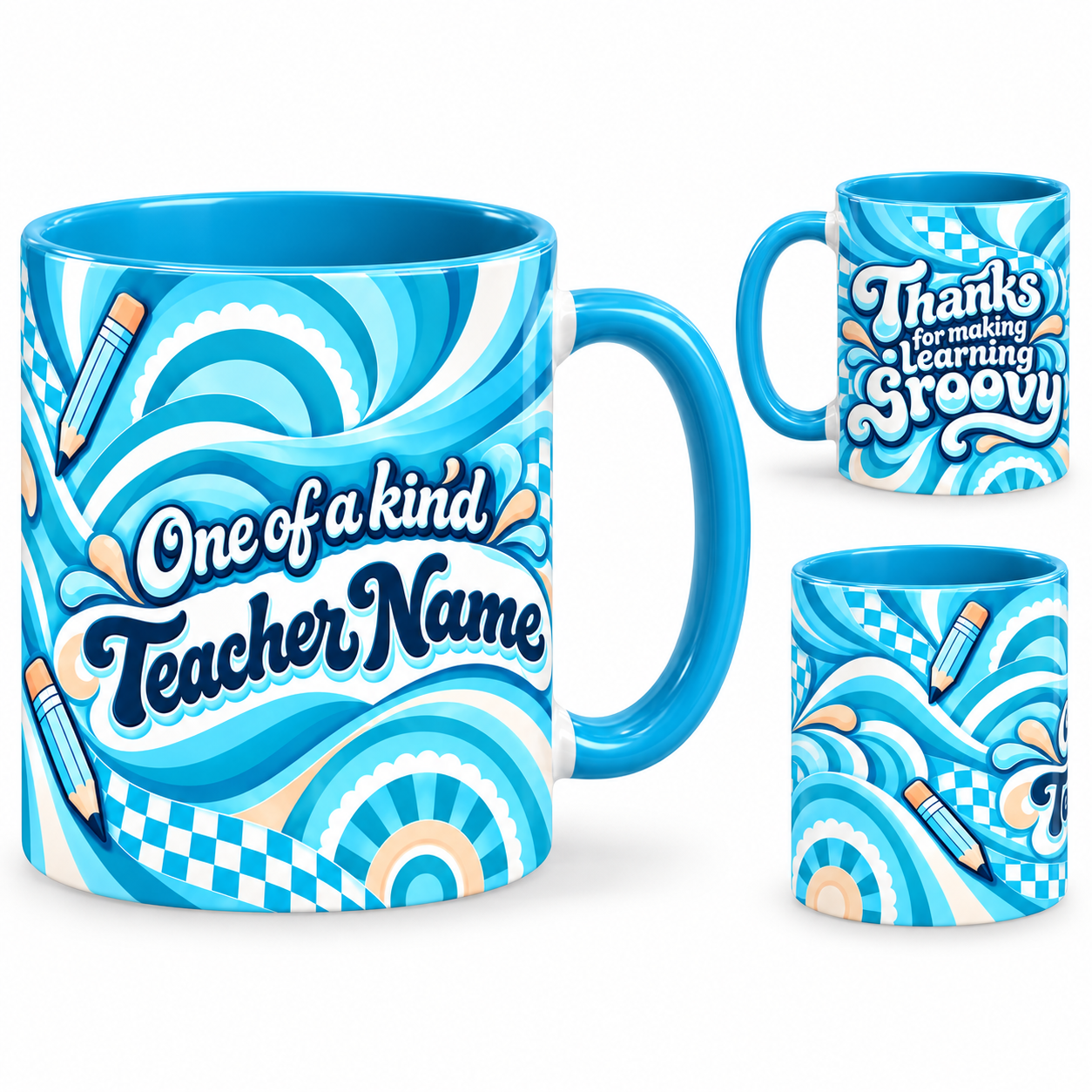 Groovy Teacher Mug – 320ml, light blue ceramic mug, views of the full-wrap Teacher’s Day design