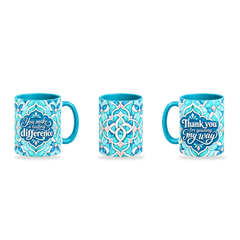 Guiding Light Mug – 320ml, Teal ceramic mug, three-angle overview of the Teacher’s Day artwork