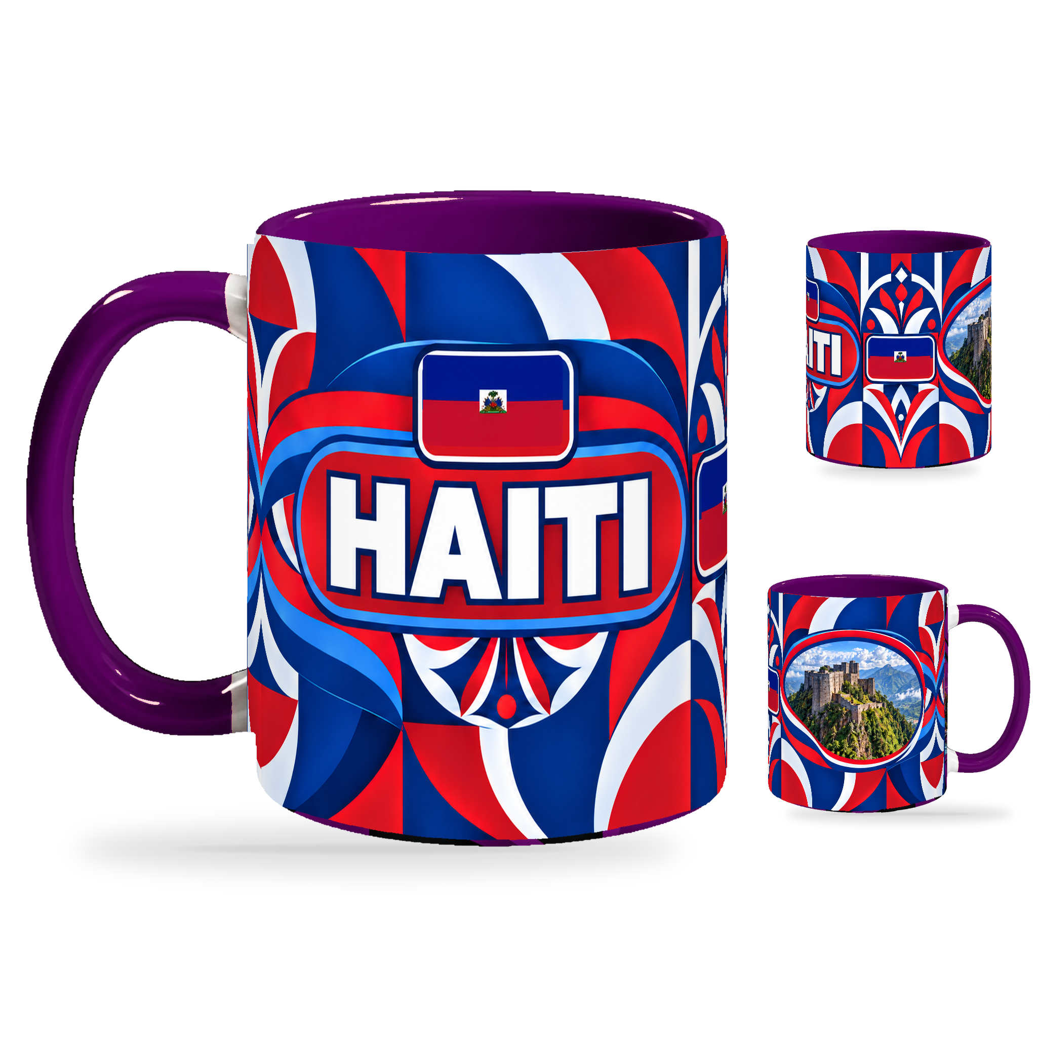 Haiti Mug Purple – 320ml with purple handle, showing the country-name side plus companion centered-flag and landmark views of the glossy full-wrap design by Fann Bliss.