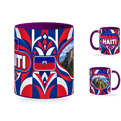 Haiti Mug Purple – 320ml with purple handle, showing the centered flag view plus companion country-name and landmark views of the glossy full-wrap design by Fann Bliss.
