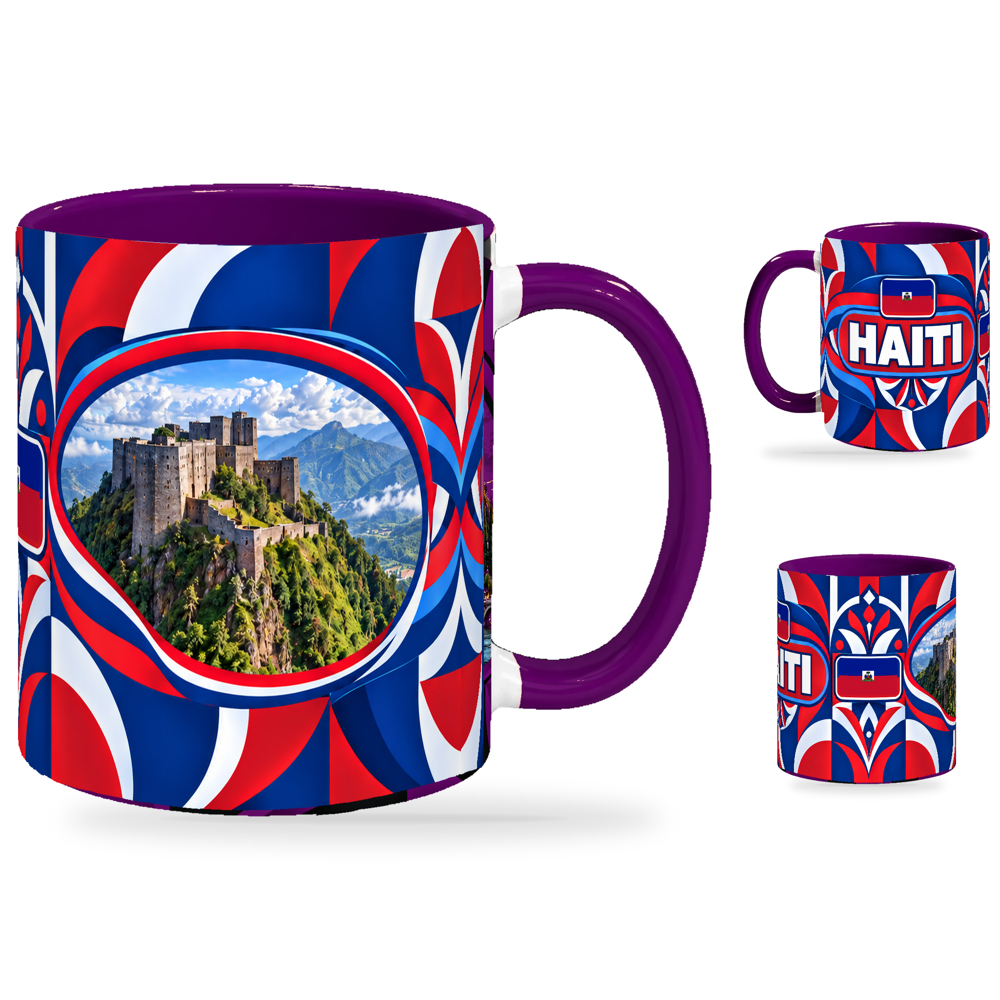 Haiti Mug Purple – 320ml with purple handle, showing the landmark side plus companion country-name and centered-flag views of the glossy full-wrap design by Fann Bliss.