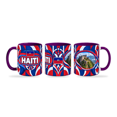 Haiti Mug Purple – 320ml with purple handle, shown in three matching angles of the glossy full-wrap design by Fann Bliss.