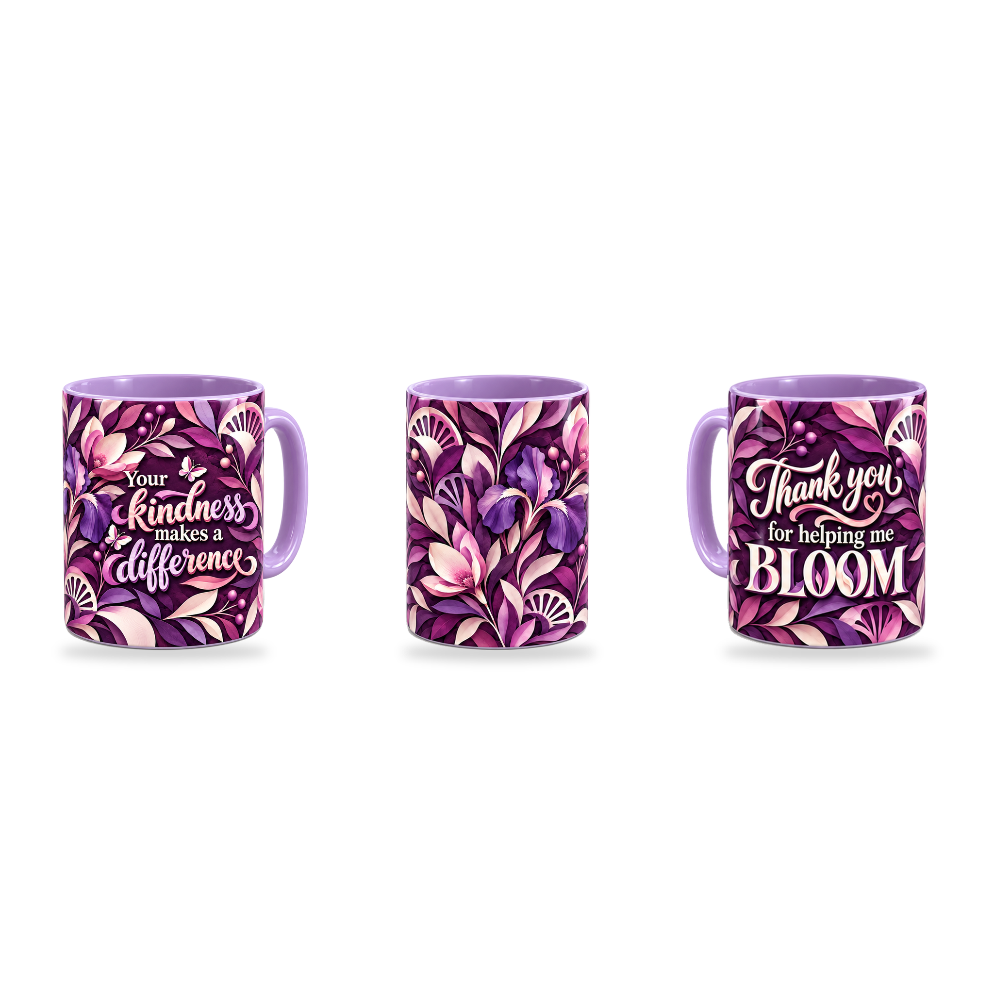 Helping Me Bloom Mug – 320ml, Light Purple ceramic mug, three-angle overview of the Teacher’s Day artwork