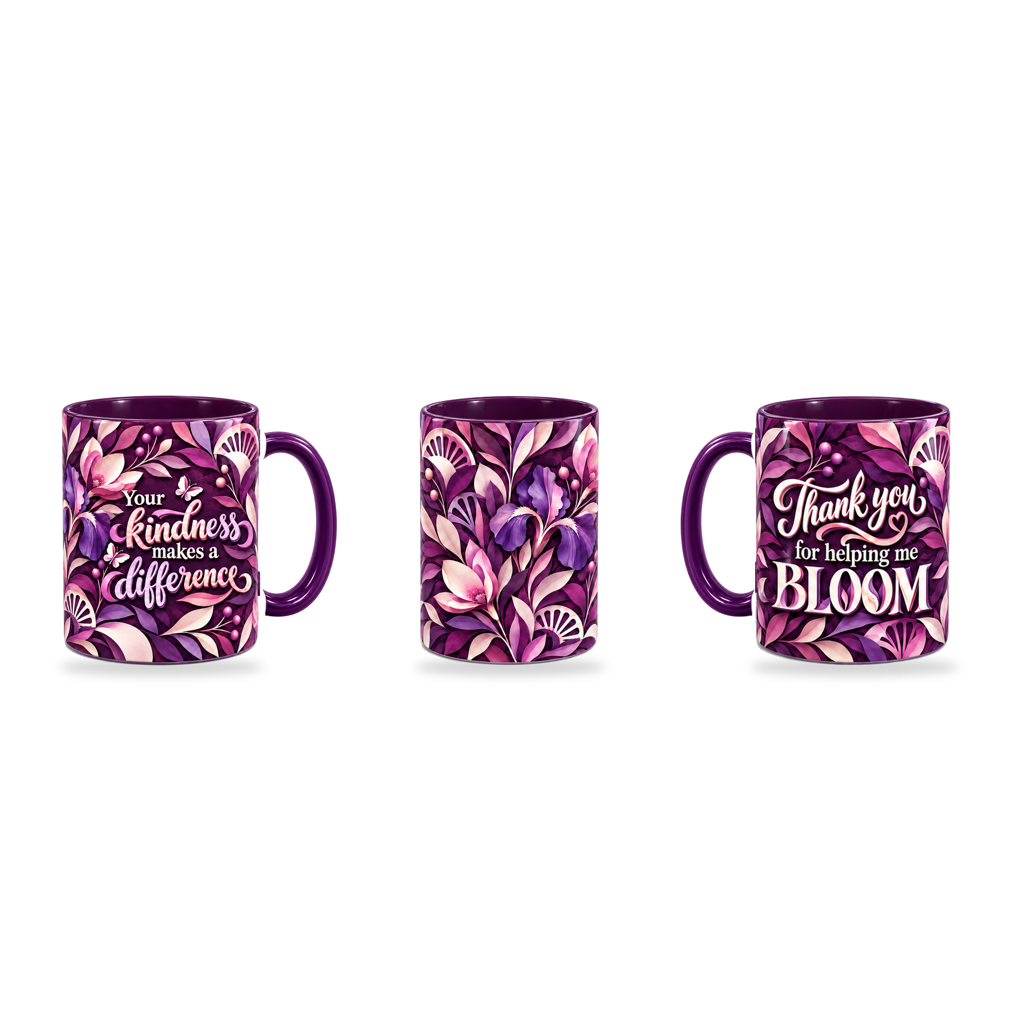 Helping Me Bloom Mug – 320ml, Purple ceramic mug, three-angle overview of the Teacher’s Day artwork