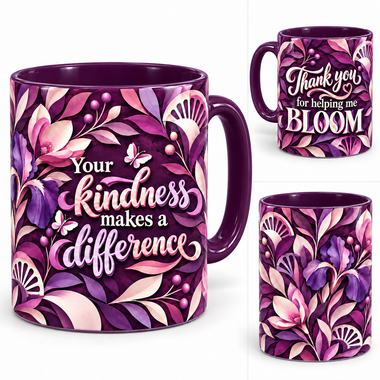 Helping Me Bloom Mug – 320ml, purple ceramic mug, views of the full-wrap Teacher’s Day design