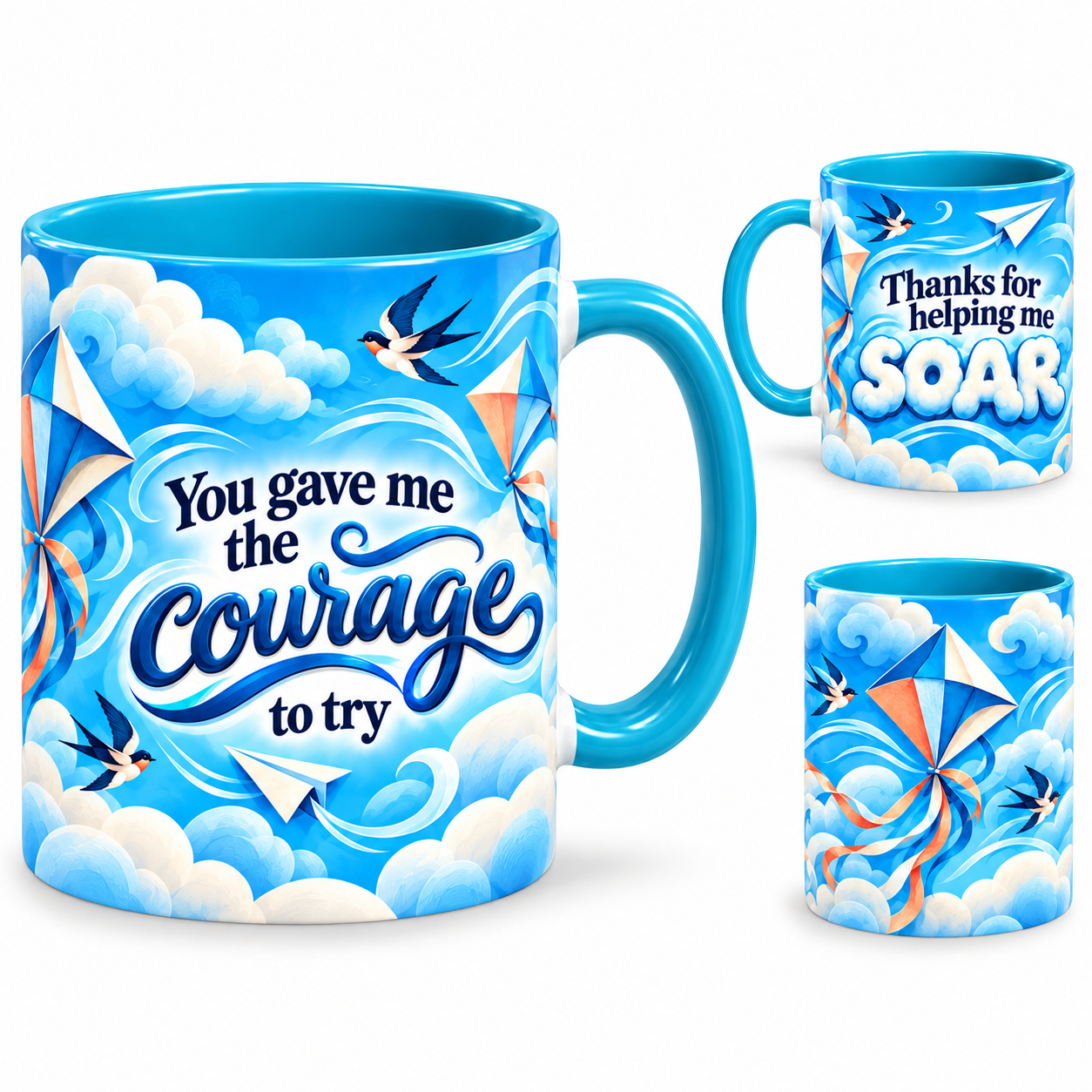 Helping Me Soar Mug – 320ml, light blue ceramic mug, views of the full-wrap Teacher’s Day design