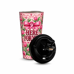 Here For You Pinktober Tumbler – 480ml, removable lid beside the tumbler