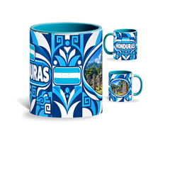 Honduras Mug Teal – 320ml with teal handle, showing the centered flag view plus companion country-name and landmark views of the glossy full-wrap design by Fann Bliss.