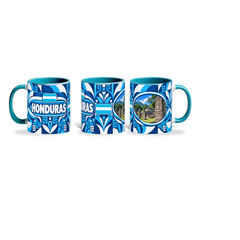 Honduras Mug Teal – 320ml with teal handle, shown in three matching angles of the glossy full-wrap design by Fann Bliss.