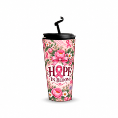 Hope Garden Pinktober Tumbler – 480ml, open flip-spout lid view