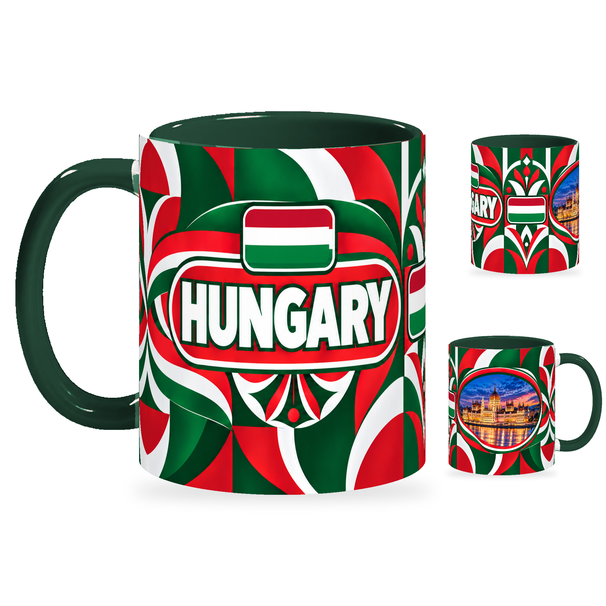 Hungary Mug – 320ml with dark green handle, showing the country-name side plus companion centered-flag and landmark views of the glossy full-wrap design by Fann Bliss.