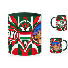 Hungary Mug – 320ml with dark green handle, showing the centered flag view plus companion country-name and landmark views of the glossy full-wrap design by Fann Bliss.