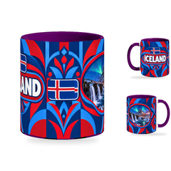 Iceland Mug Purple – 320ml with purple handle, showing the centered flag view plus companion country-name and landmark views of the glossy full-wrap design by Fann Bliss.