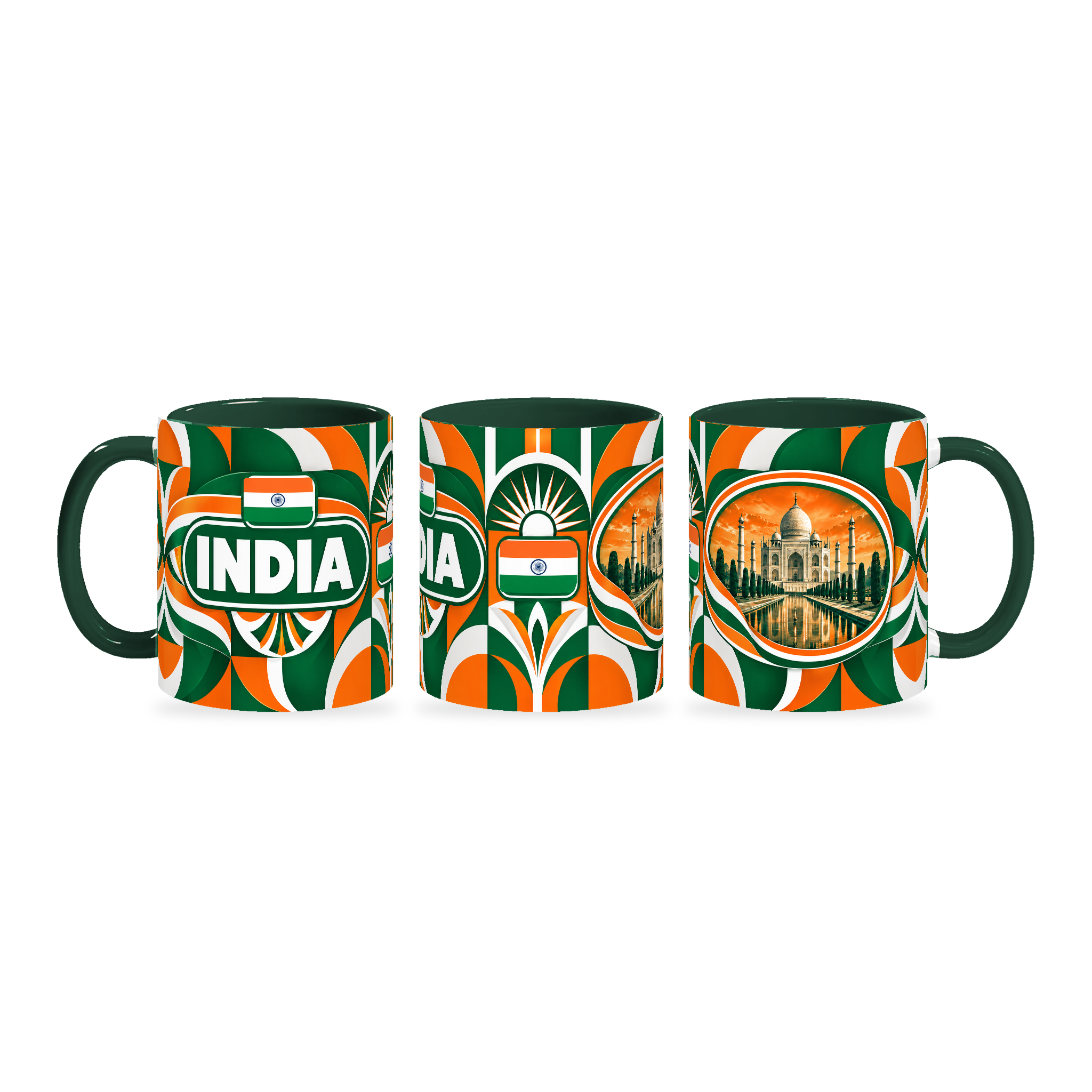 India Mug – 320ml with dark green handle, shown in three matching angles of the glossy full-wrap design by Fann Bliss.