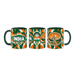 India Mug – 320ml with dark green handle, shown in three matching angles of the glossy full-wrap design by Fann Bliss.