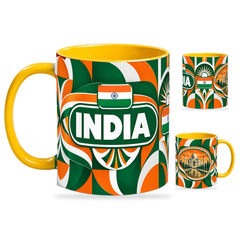 India Mug Yellow – 320ml with yellow handle, showing the country-name side plus companion centered-flag and landmark views of the glossy full-wrap design by Fann Bliss.