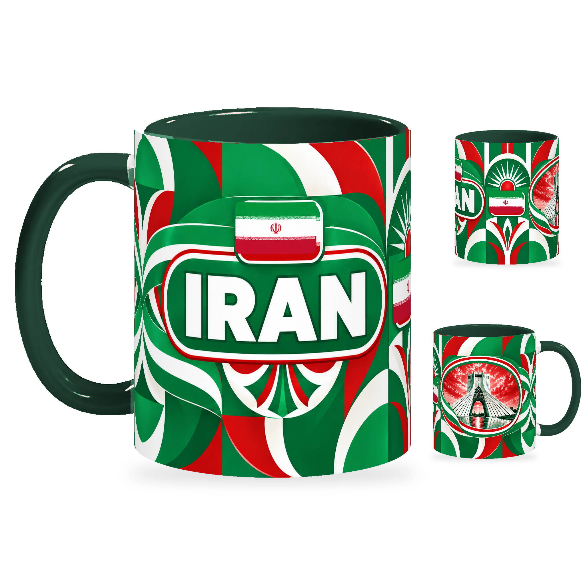 Iran Mug – 320ml with dark green handle, showing the country-name side plus companion centered-flag and landmark views of the glossy full-wrap design by Fann Bliss.