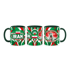 Iran Mug – 320ml with dark green handle, shown in three matching angles of the glossy full-wrap design by Fann Bliss.