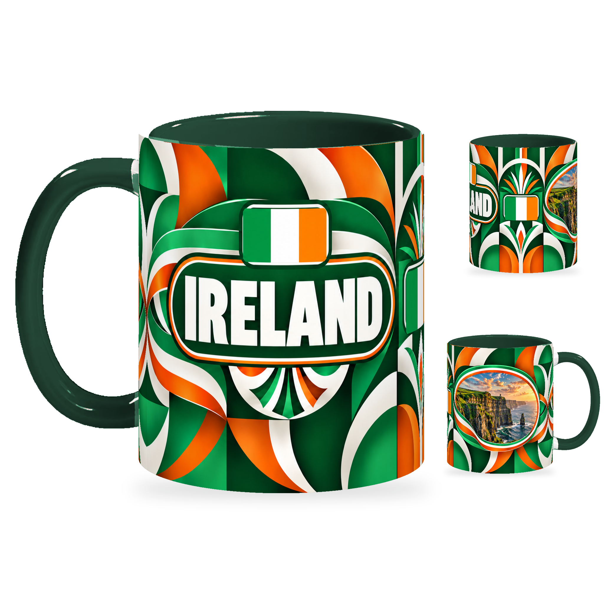 Ireland Mug – 320ml with dark green handle, showing the country-name side plus companion centered-flag and landmark views of the glossy full-wrap design by Fann Bliss.
