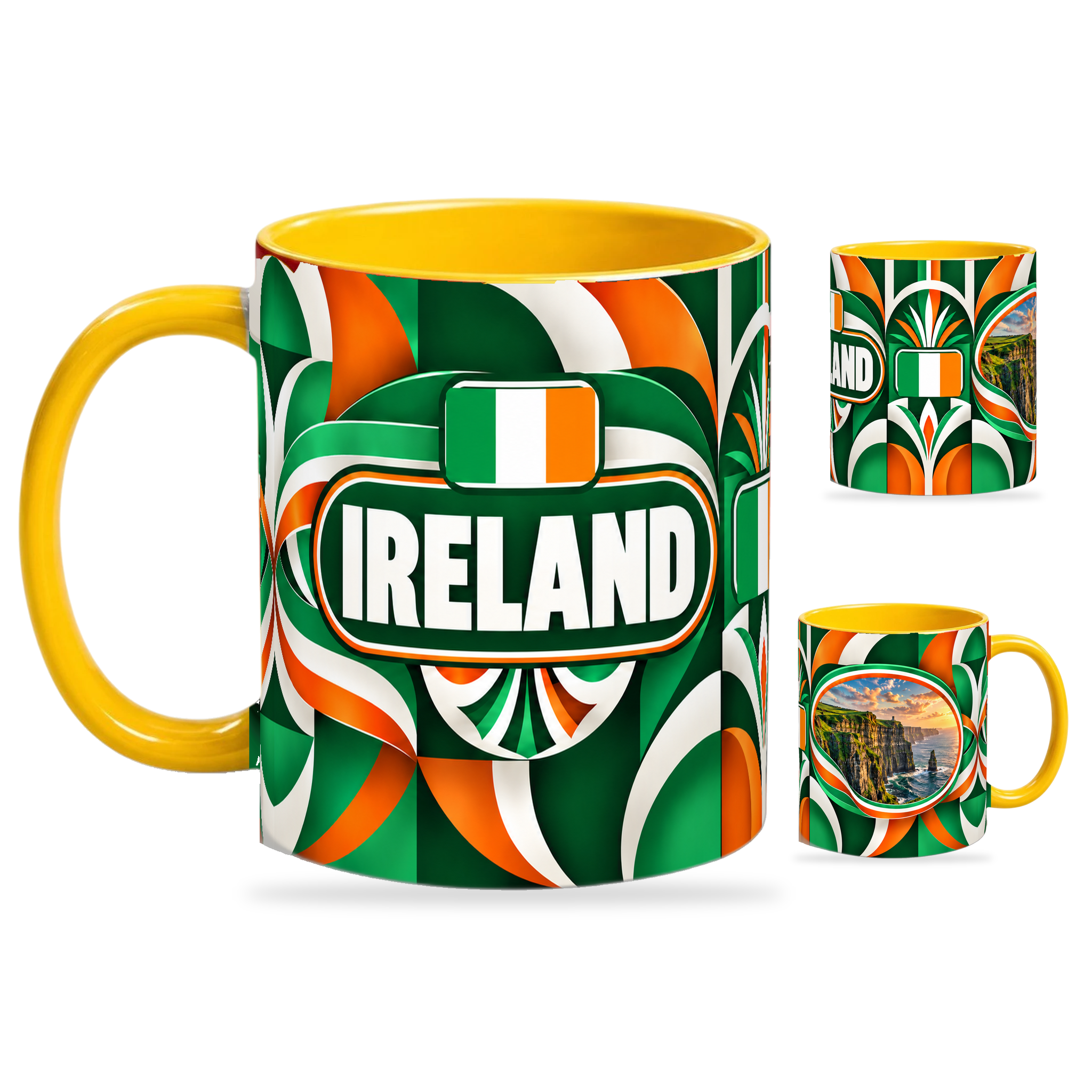 Ireland Mug Yellow – 320ml with yellow handle, showing the country-name side plus companion centered-flag and landmark views of the glossy full-wrap design by Fann Bliss.