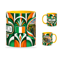 Ireland Mug Yellow – 320ml with yellow handle, showing the centered flag view plus companion country-name and landmark views of the glossy full-wrap design by Fann Bliss.