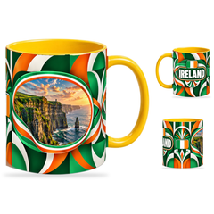 Ireland Mug Yellow – 320ml with yellow handle, showing the landmark side plus companion country-name and centered-flag views of the glossy full-wrap design by Fann Bliss.