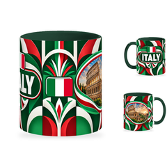 Italy Mug – 320ml with dark green handle, showing the centered flag view plus companion country-name and landmark views of the glossy full-wrap design by Fann Bliss.