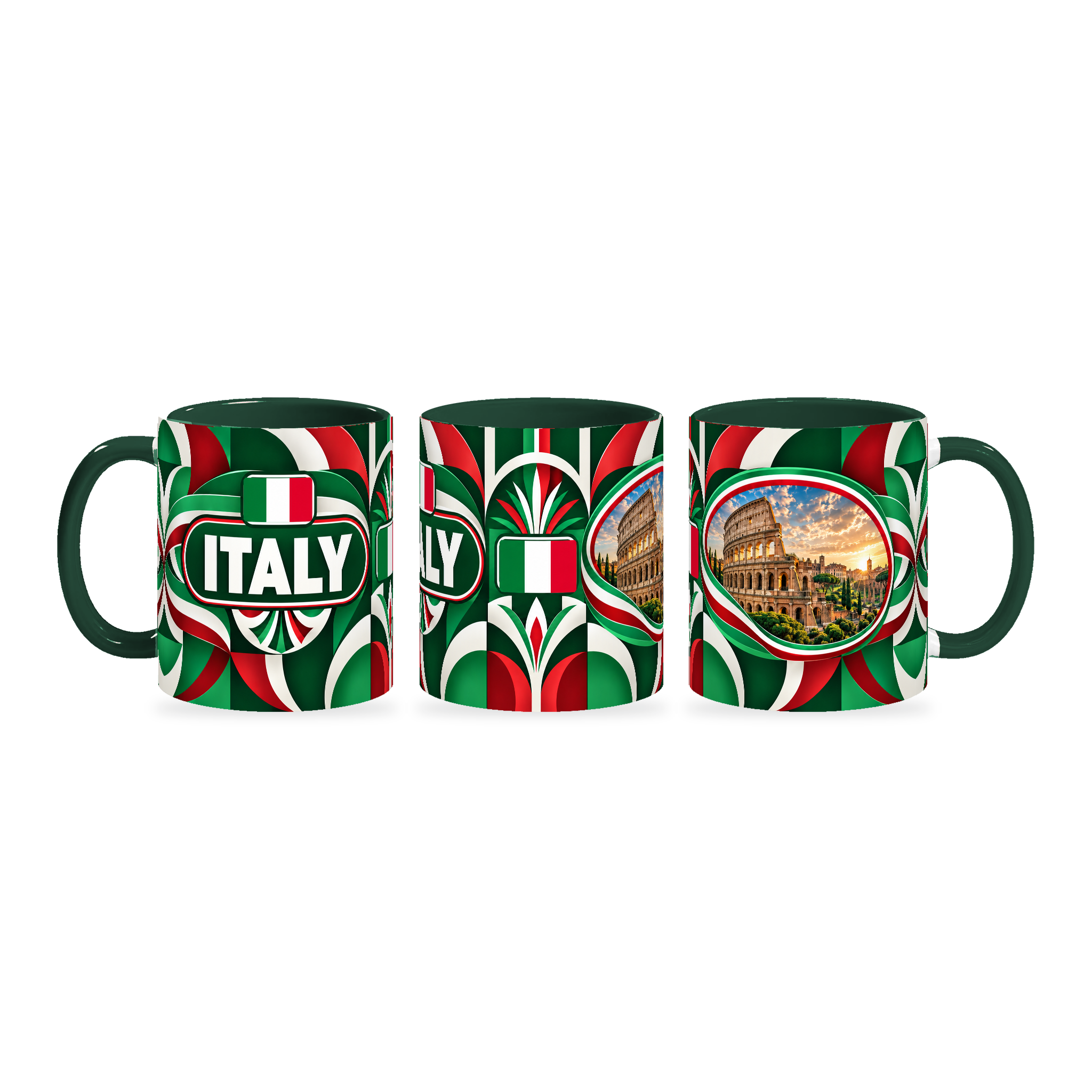 Italy Mug – 320ml with dark green handle, shown in three matching angles of the glossy full-wrap design by Fann Bliss.