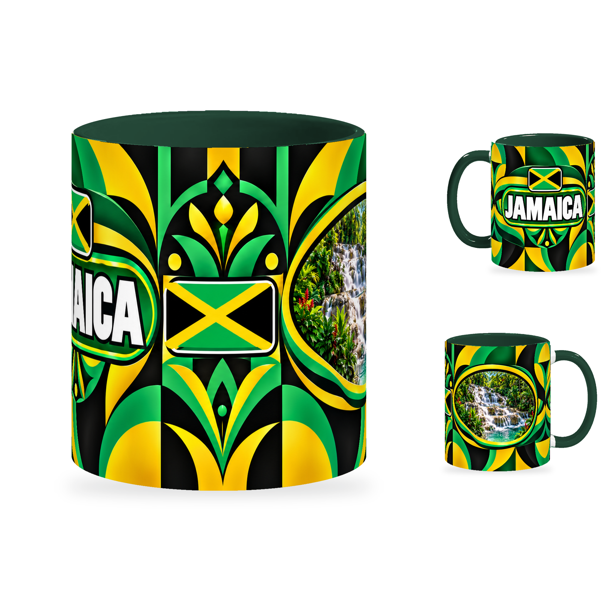 Jamaica Mug – 320ml with dark green handle, showing the centered flag view plus companion country-name and landmark views of the glossy full-wrap design by Fann Bliss.