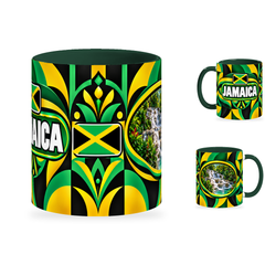 Jamaica Mug – 320ml with dark green handle, showing the centered flag view plus companion country-name and landmark views of the glossy full-wrap design by Fann Bliss.