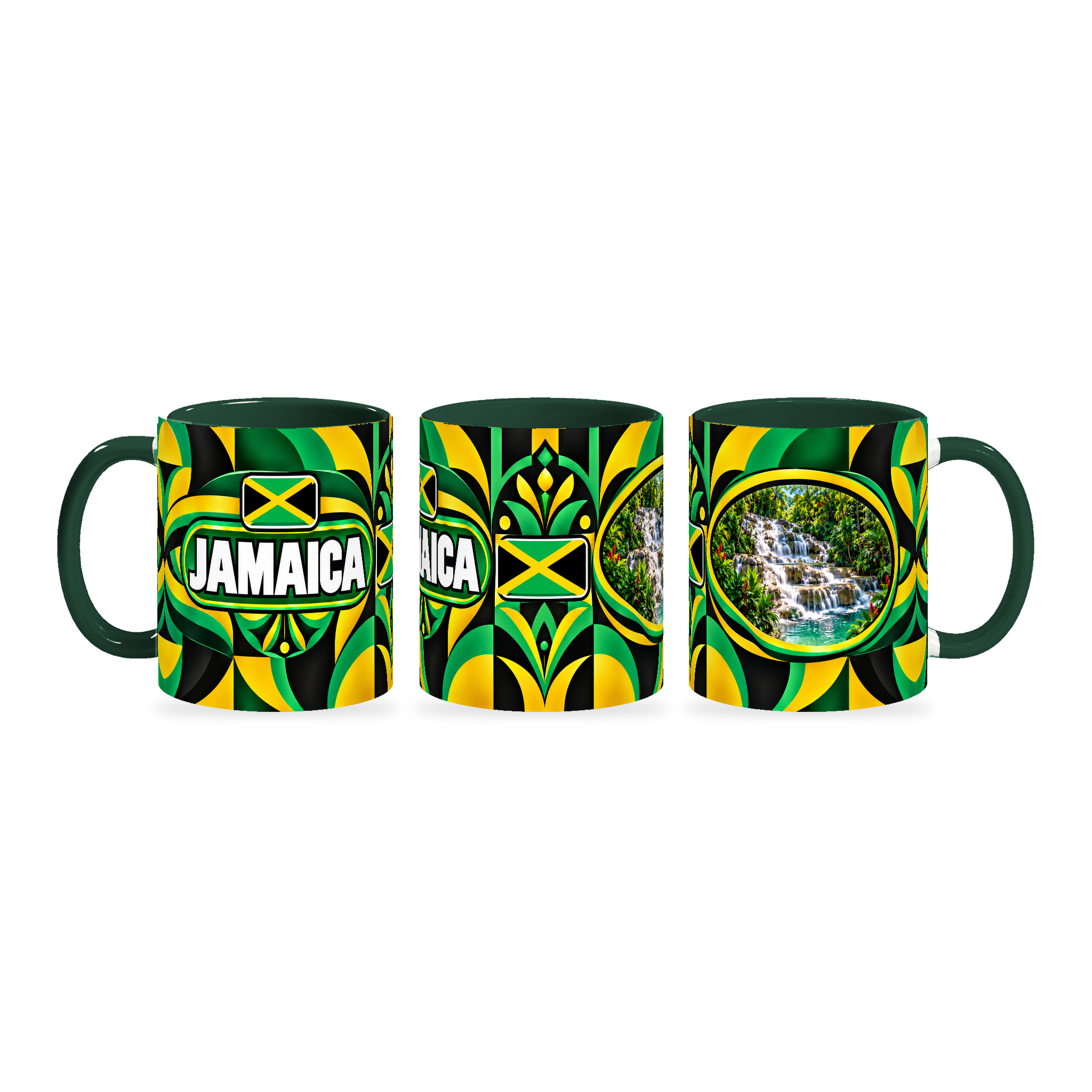 Jamaica Mug – 320ml with dark green handle, shown in three matching angles of the glossy full-wrap design by Fann Bliss.