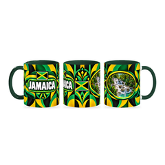 Jamaica Mug – 320ml with dark green handle, shown in three matching angles of the glossy full-wrap design by Fann Bliss.